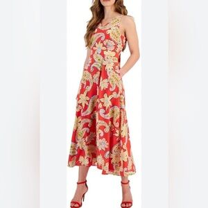NWT Tahari ASL Printed Floral Tie Back Midi Dress In Grenadine Paisley, size 6P